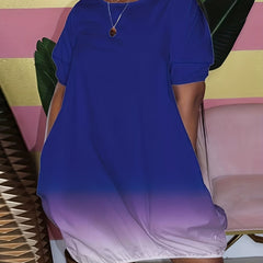 Ombre Print Round Neck Short Tee Dress Women's Plus Casual Mini Dress