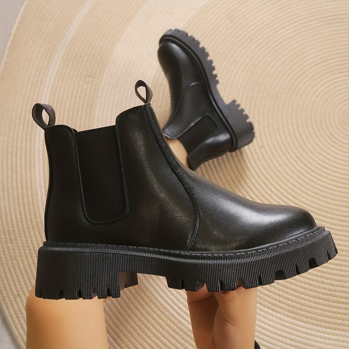 Women's Chunky Heel Platform Ankle Boots Slip On Round Toe Shoes