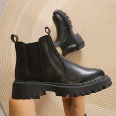 Women's Chunky Heel Platform Ankle Boots Slip On Round Toe Shoes