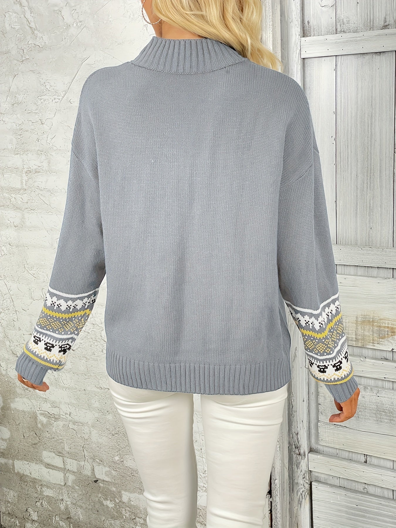 Graphic Print Mock Neck Pullover Sweater Long Sleeve for Fall & Winter