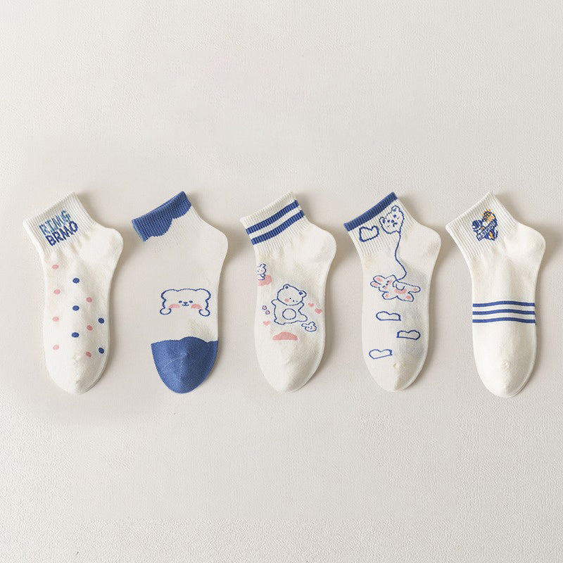 5 Pairs Cartoon Animal Print Short Socks for Women
