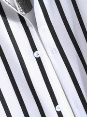 Men's Vertical Striped 2Pcs Casual Outfits Camp Collar Button Up Shirts & Drawst