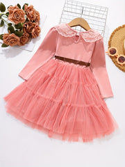 Girls Lace Mesh Long Sleeve Princess Dress With Belt