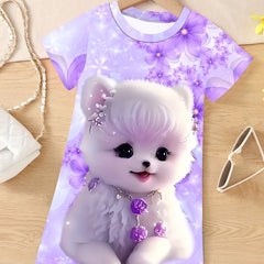3D Puppy Graphic Short Sleeve Dress Girls Comfy Casual Dresses