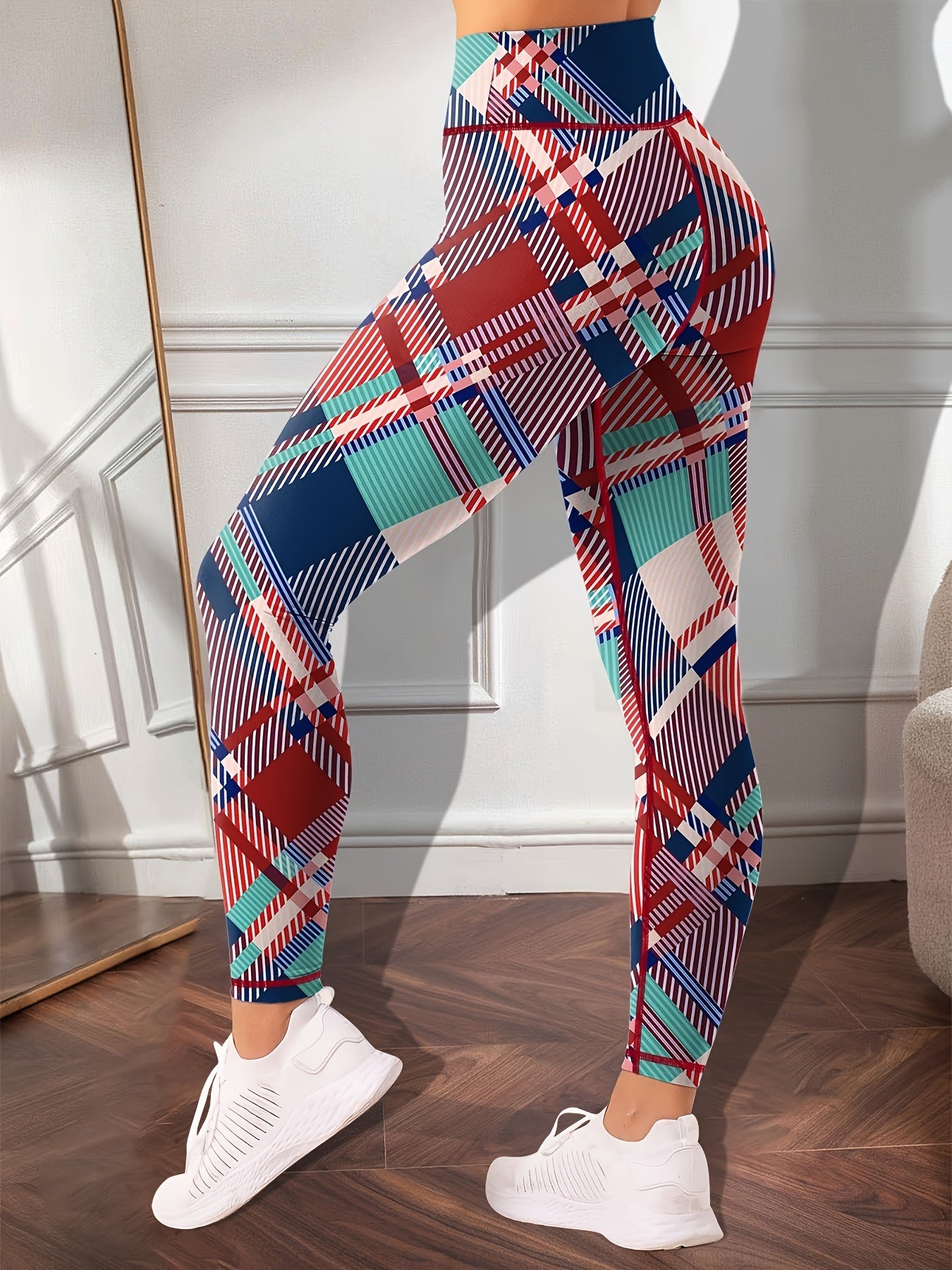 Colorful Plaid Print Yoga Leggings High Waist Tummy Control Pants