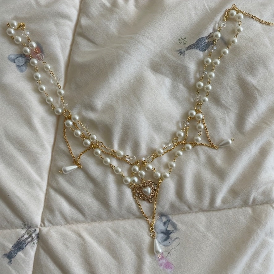 Heart Pendant Faux Pearl Necklace Decorative Accessories Holiday Gift