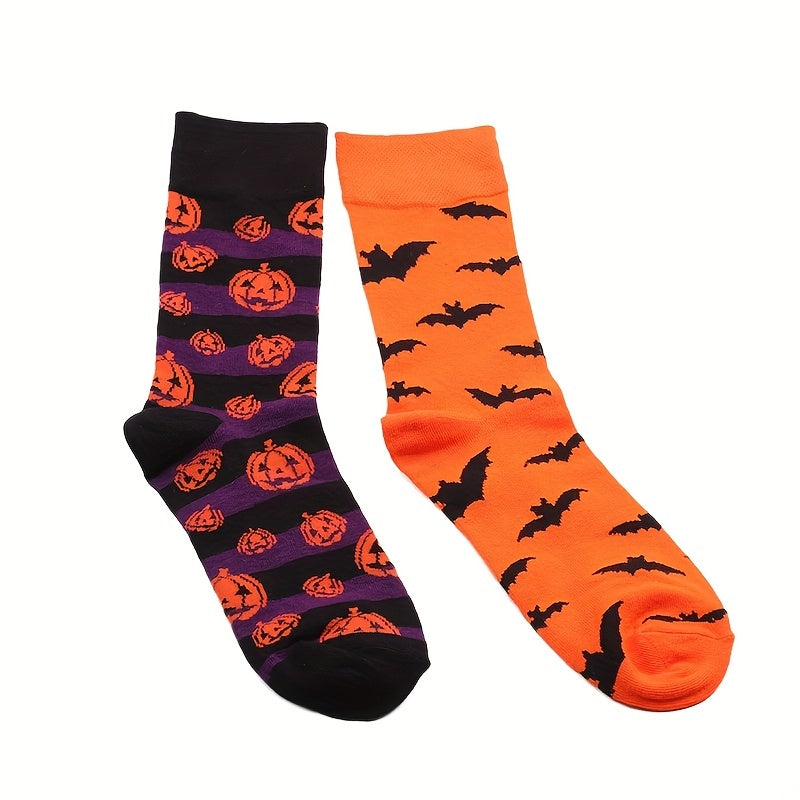 2 Pairs Bat & Pumpkin Print Socks Halloween Mid Tube Socks Women's Stockings