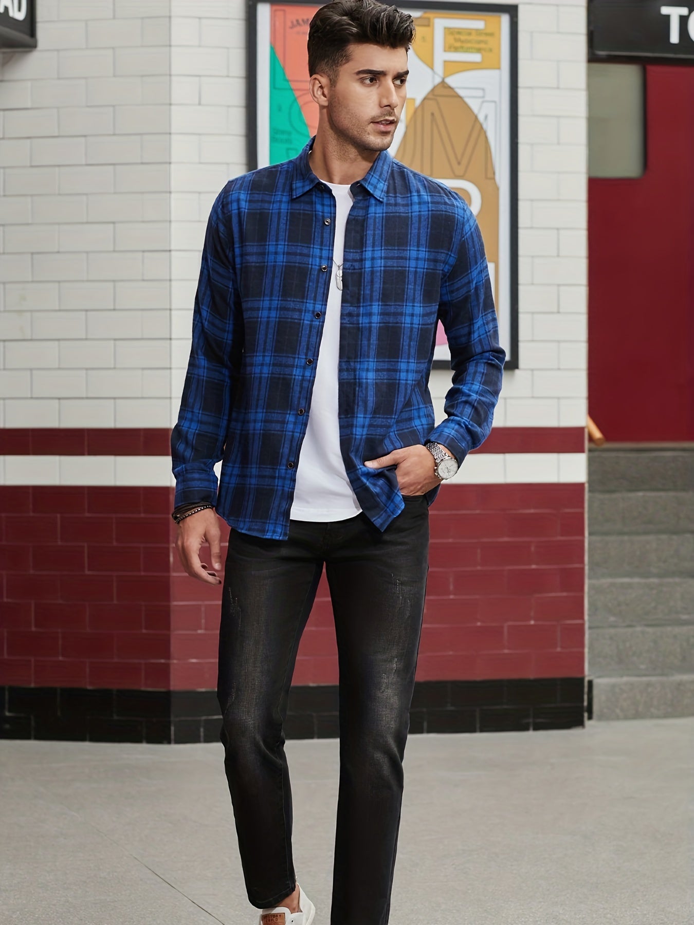 Men's Plaid Lapel Shirt Long Sleeve Casual