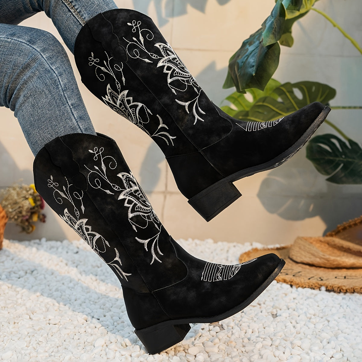 Women's Embroidered Western Mid Calf Boots V Cut Low Heel Slip On Cowgirl Boots