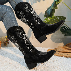 Women's Embroidered Western Mid Calf Boots V Cut Low Heel Slip On Cowgirl Boots