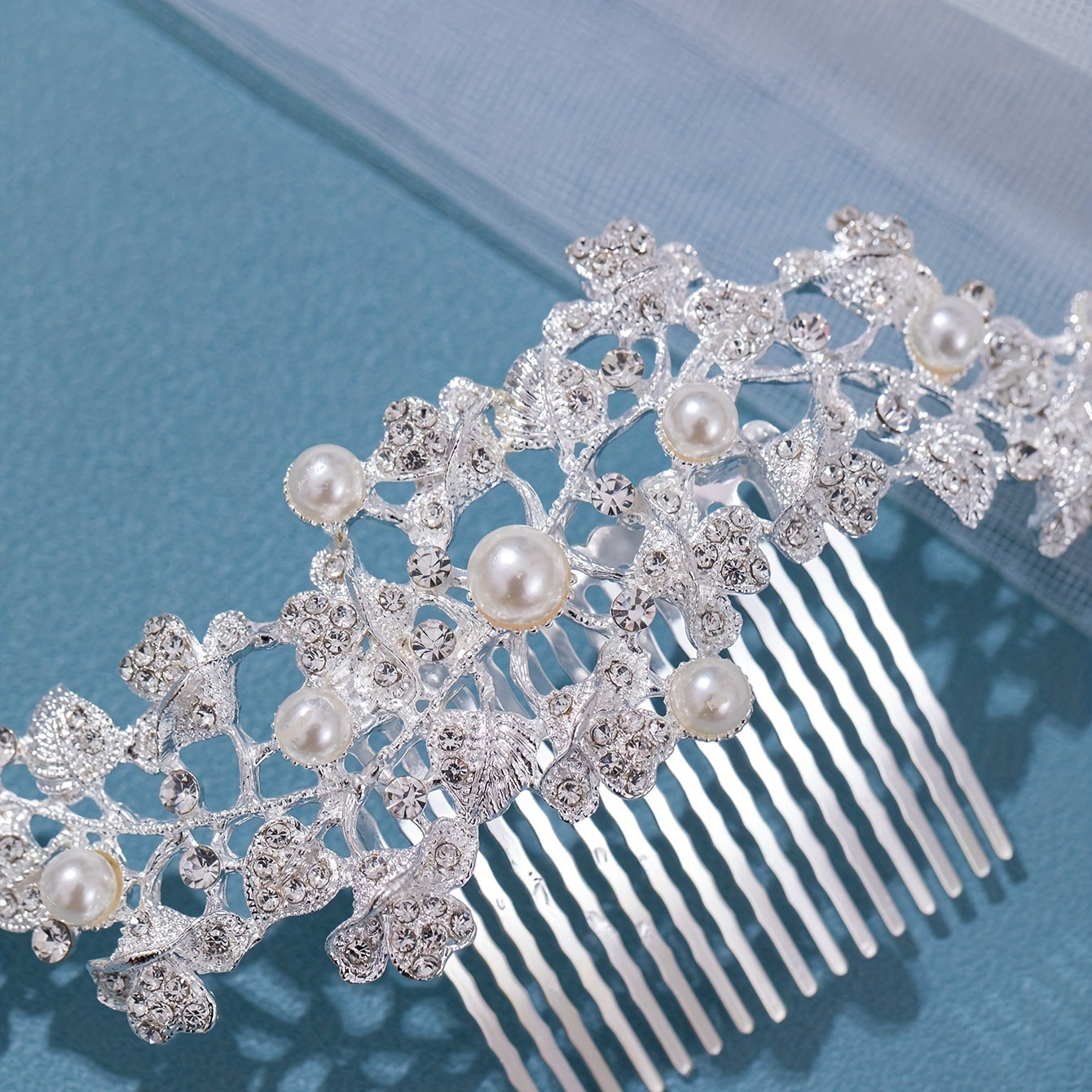 Girls Faux Pearl Rhinestone Hair Comb Princess Silver Flower Hairpin