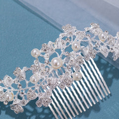 Girls Faux Pearl Rhinestone Hair Comb Princess Silver Flower Hairpin