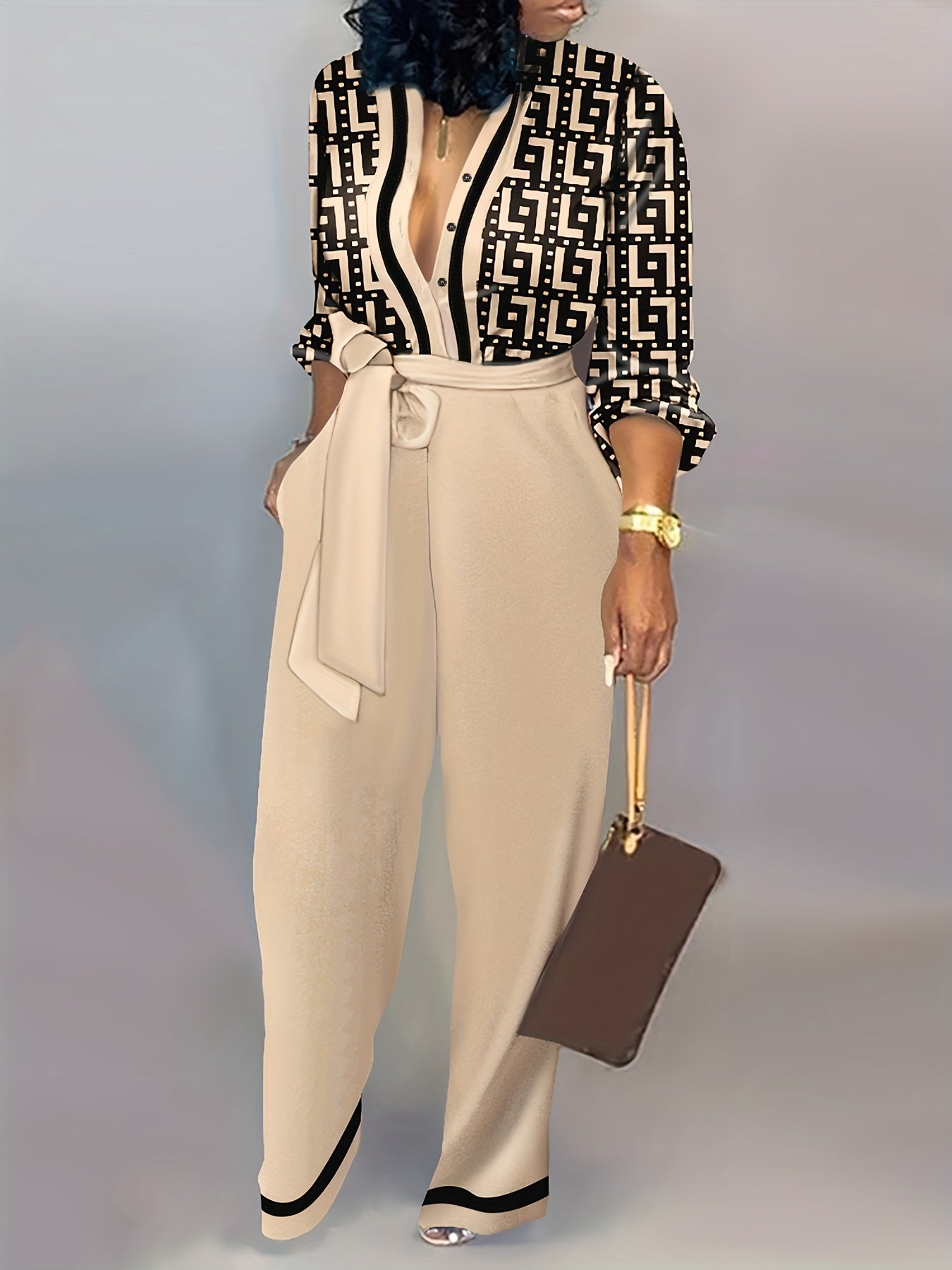Geometric Print Wide Leg Jumpsuit Lace Up Long Sleeve