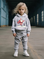 Santa On The Road Print 2pc Outfit Girls Hoodies Jogger Set For Sports Fall