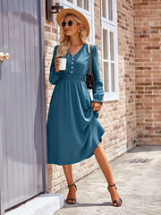 V Neck Button Decor Long Sleeve Dress Spring & Summer Women's Clothing