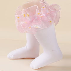 3 Pairs Girls Kids Lace Ruffled Floral Print Sweet Socks Breathable Comfy Socks