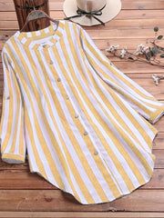 Plus Stripe Print Button Up Round Neck Long Sleeve Blouse