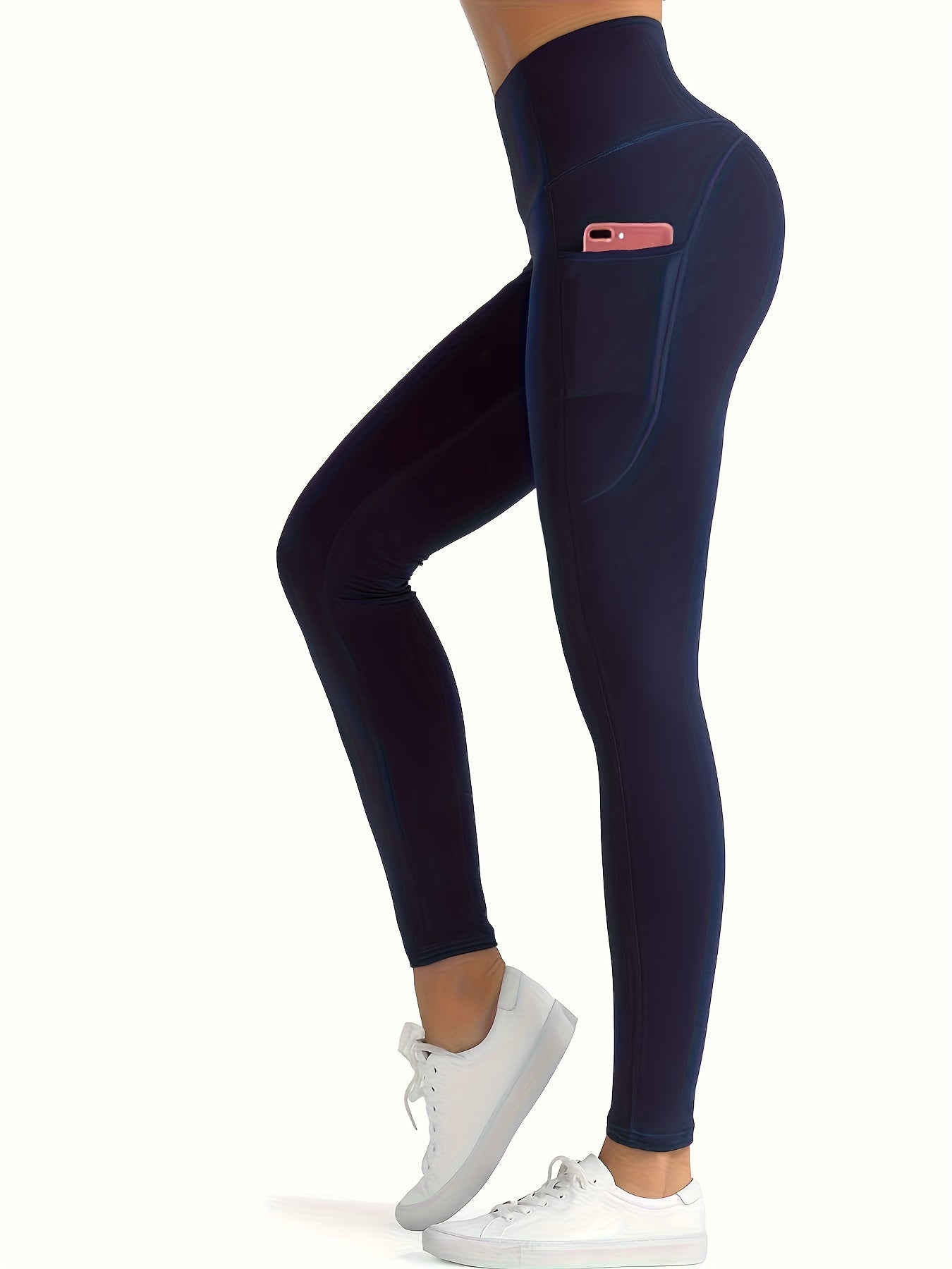 High Waist Yoga Pants With Pocket Solid Running Workout Athletic Leggings