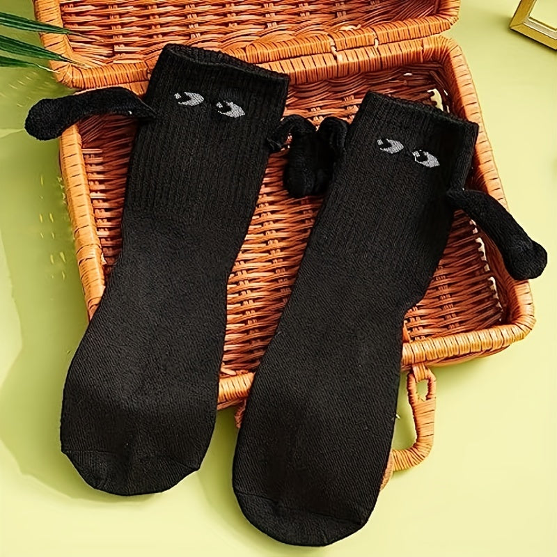 2-Pairs Couple Creative Mid-Calf Socks with 3D Magnetic Hand Holding Dolls