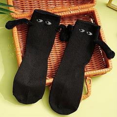 2-Pairs Couple Creative Mid-Calf Socks with 3D Magnetic Hand Holding Dolls