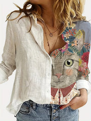 Colorblock Cat & Floral Print Button-Up Long Sleeve Blouse