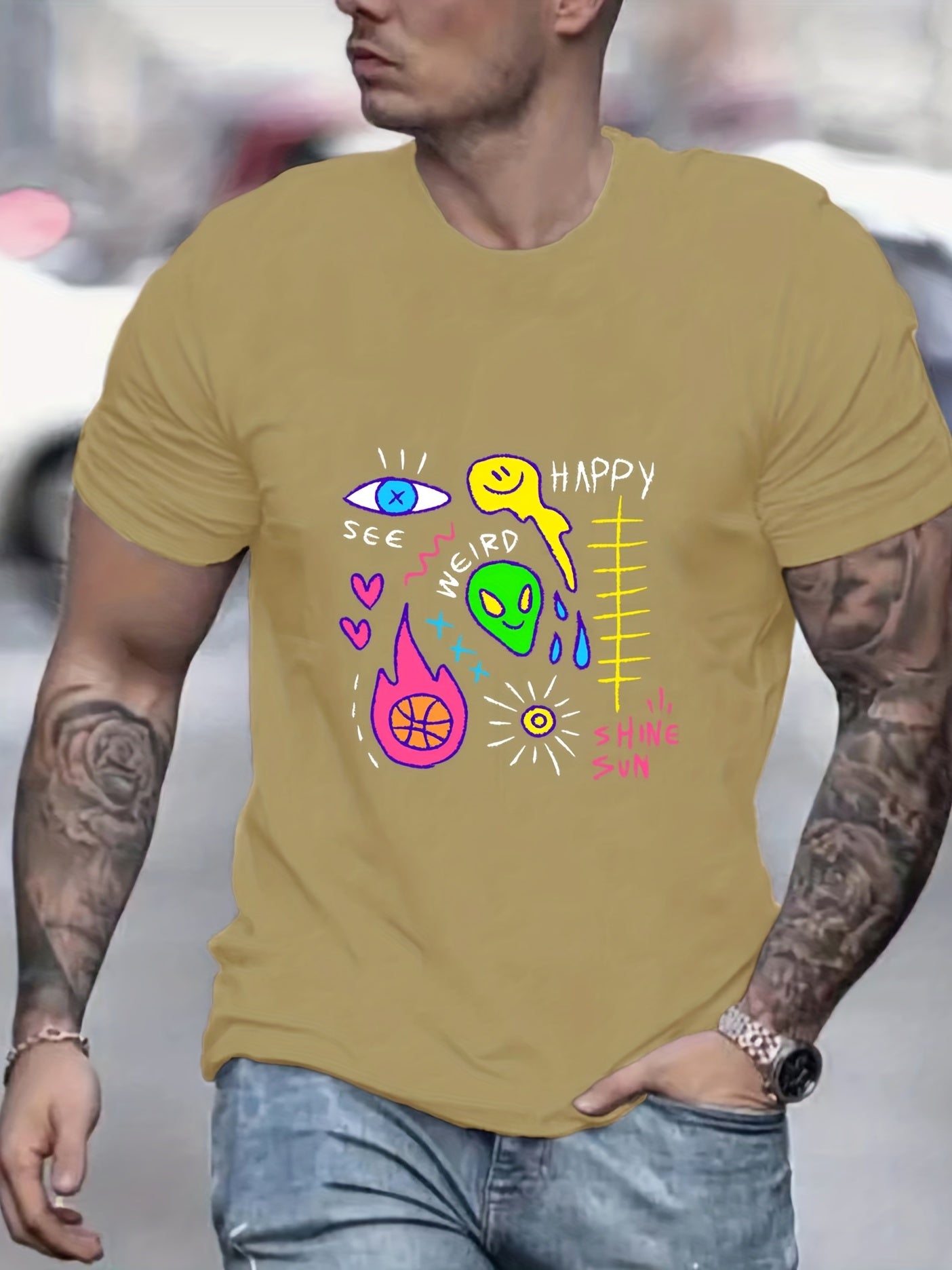 Funny Doodle Print Men's Graphic Crew Neck T shirt for Summer