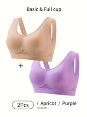 2 Pack Plus Size Bra Set Women's Plus Solid Hollow Mesh Yoga Sportwear Bra 2pcs