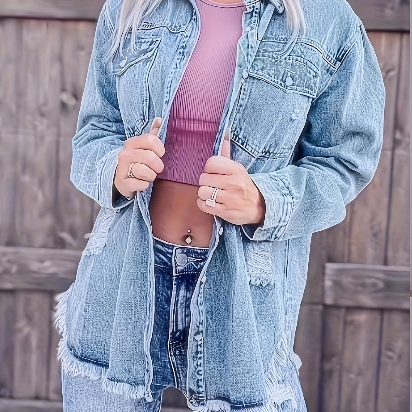 Casual Denim Top Women's Washed Ripped Button Up