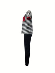 Striped Print Short Sleeve Tops & Solid Slim Pants Set