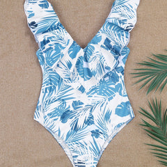 Ruffle Leaf Print One Piece Swimsuit High Cut Bathing Suit