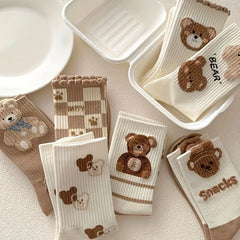 7 Pairs Bear Print Cartoon Socks Women's Mid Tube Stockings
