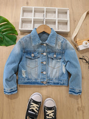 Girls Ripped Denim Jacket Button Down Long Sleeve Coat