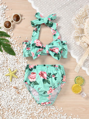 2pcs Baby Girls Bowknot Floral Halter Top & Shorts Swimsuit Bikini Set