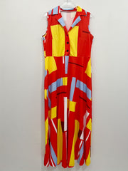 Casual Tank Dress Colorblock Print Button Up Shirt Dress