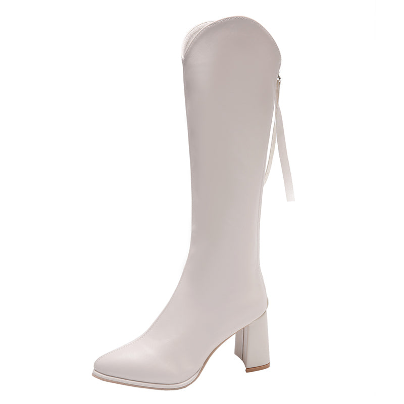 Chunky Heeled Long Boots with Back Zipper