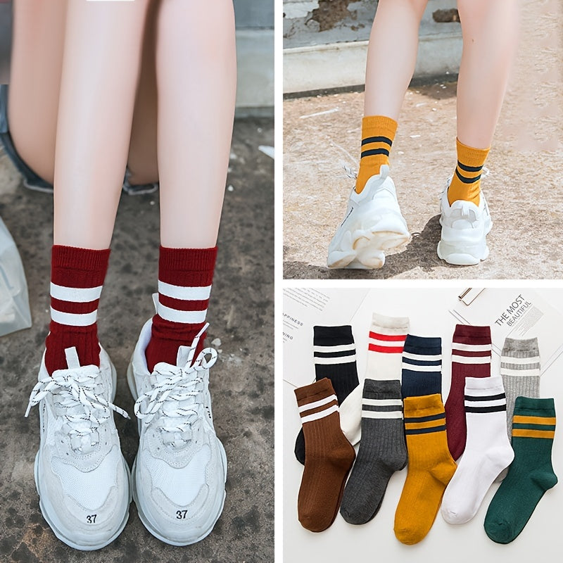 10 Pairs Striped Crew Socks for Women