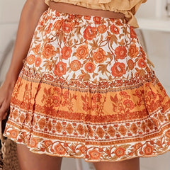 Boho Floral Print Ruffle Trim High Waist Skirt for Summer