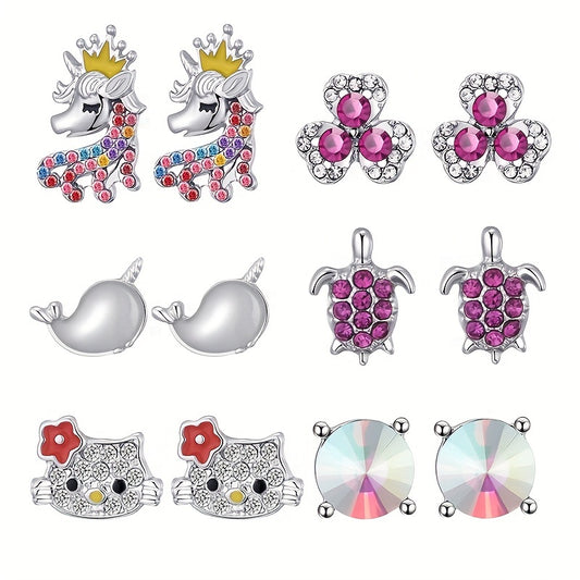 6 Pairs CZ Stud Earrings Set For Children Girls