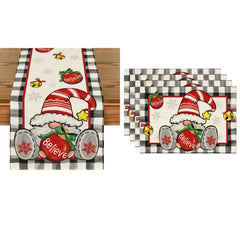 4pcs Plaid Pattern Gnome Christmas Table Runner Set
