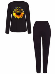 Women's Plus Sunflower & Letter Print Tee & Leggings Outfits Set