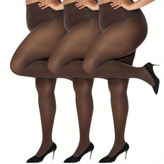 3 Pairs Plus Size Basic Pantyhose Set Women's Plus Solid Control Top