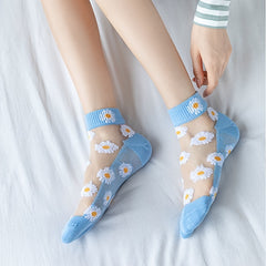 Daisy Print Socks Contrast Mesh Crew Short Socks Women's Stockings