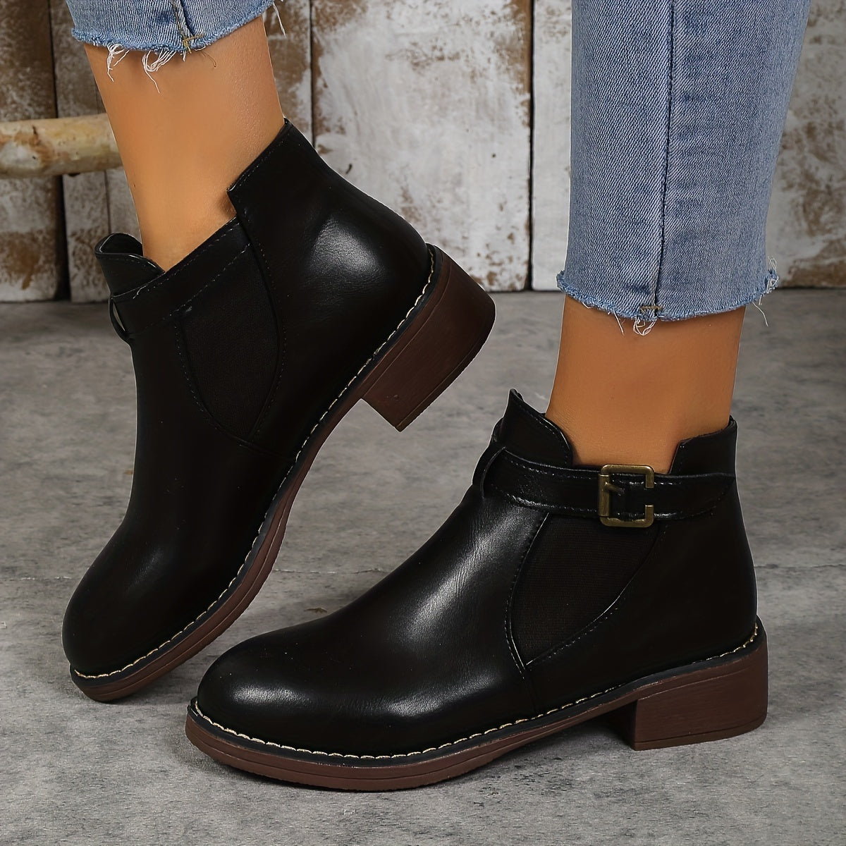 Chunky Heel Chelsea Boots with Buckle Strap Detail