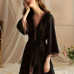 Lace Stitching Lounge Robes V Neck Long Sleeve Home Robe Women's Loungewear