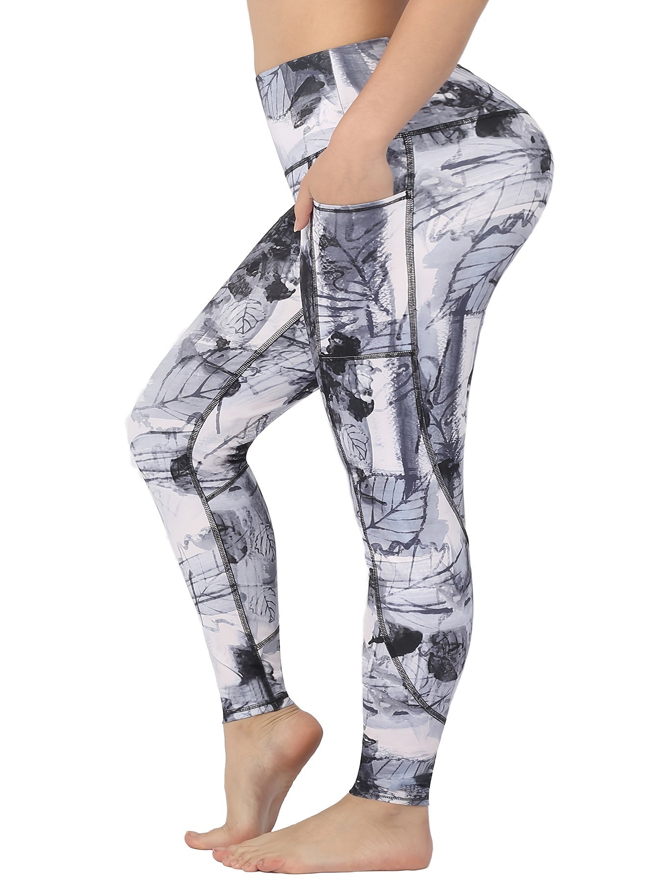 Fashionable Ink Print High Waist Yoga Pants Slim Fit Ankle Length Activewear