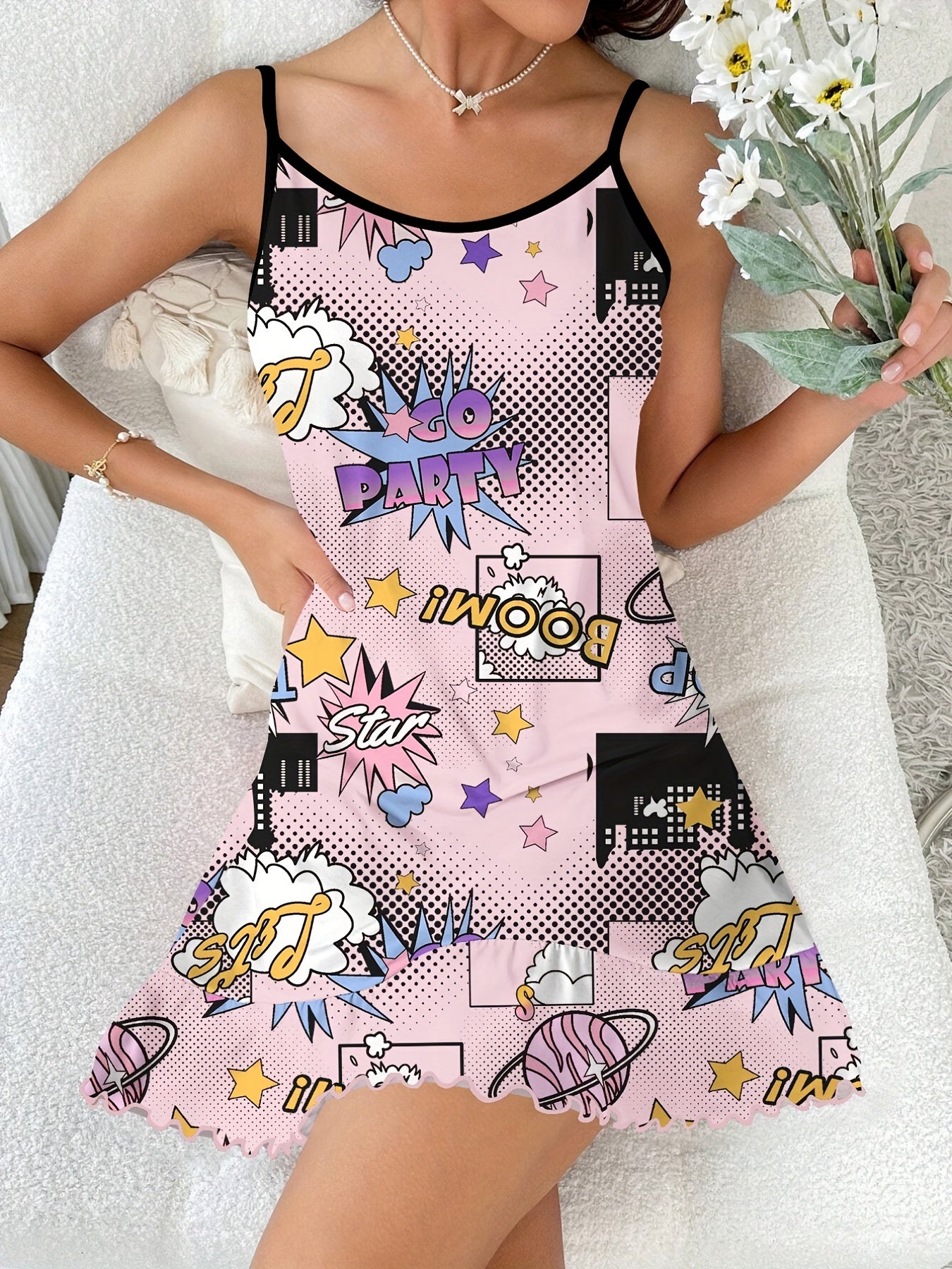 Letter Print Nightdress Spaghetti Strap Sleep Dress Women's Sleepwear