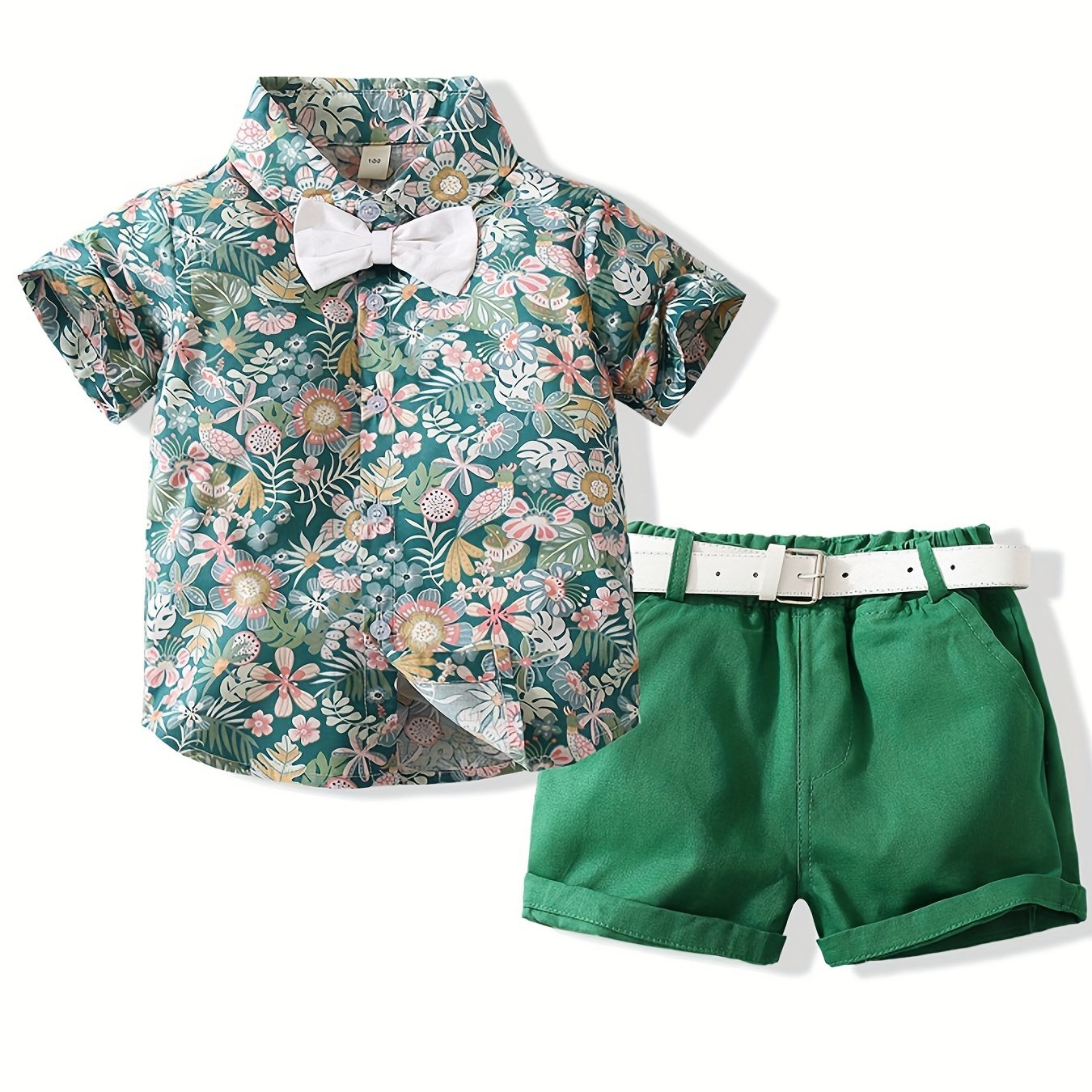 2pcs Boys Flower Short Sleeves Shirt & Shorts & Bow Tie Summer Clothes Sets