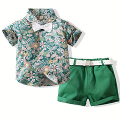 2pcs Boys Flower Short Sleeves Shirt & Shorts & Bow Tie Summer Clothes Sets