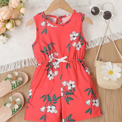 Toddler Girls Flower Print Sleeveless Jumpsuit Shorts With Bow Waist