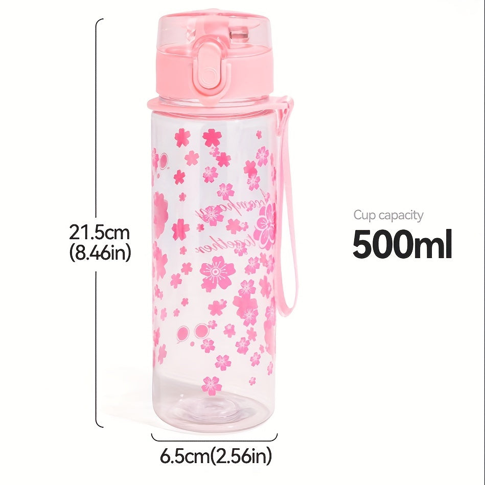 500ml Pink Flower Pattern Water Bottle Plastic Water Cup Portable Leakproof